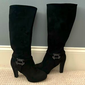 Black velvet tall dress boots. With stretch